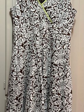 Robbie Bee Brown and White Floral Midi Dress with Lime Trim